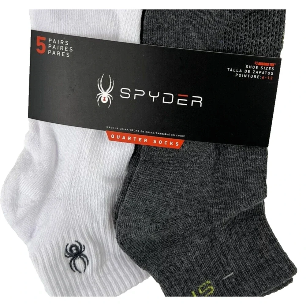 NEW Spyder Men Mesh Quarter Socks 5 Pairs White Black Shoe Size 6 -12 Absorb Tek